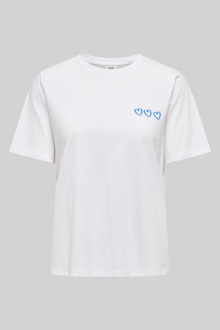 T-shirt blanc à manches courtes de JDY, avec une impression "Lovers Only club" bleue sur le dos et des cœurs.