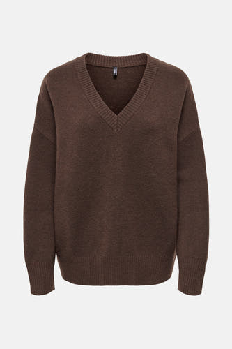 Sweat-shirt marron à col V d'ONLY, avec des fines côtes le long de la ligne de cou et des manches.
