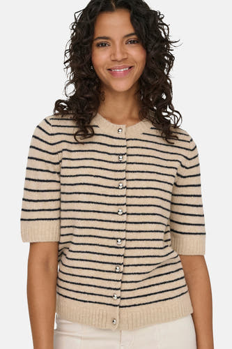Cardigan écru de ONLY, avec des rayures noires et des boutons argentés.
