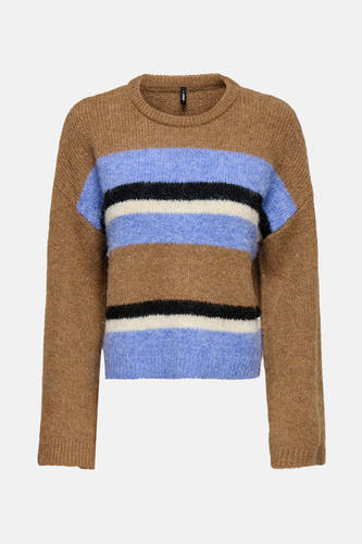 Sweat-shirt multicolore à col rond de ONLY, avec des rayures bleues, noires et blanches.