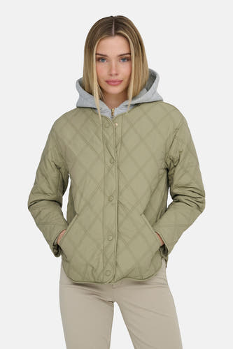 Groene korte jas van ONLY, met een doorgestikt ruitpatroon en een grijze capuchon.