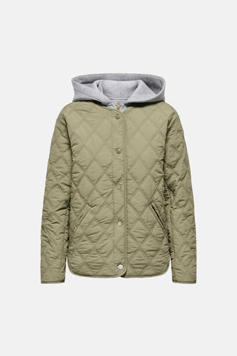 Groene korte jas van ONLY, met ruitjespatroon en een grijze capuchon.
