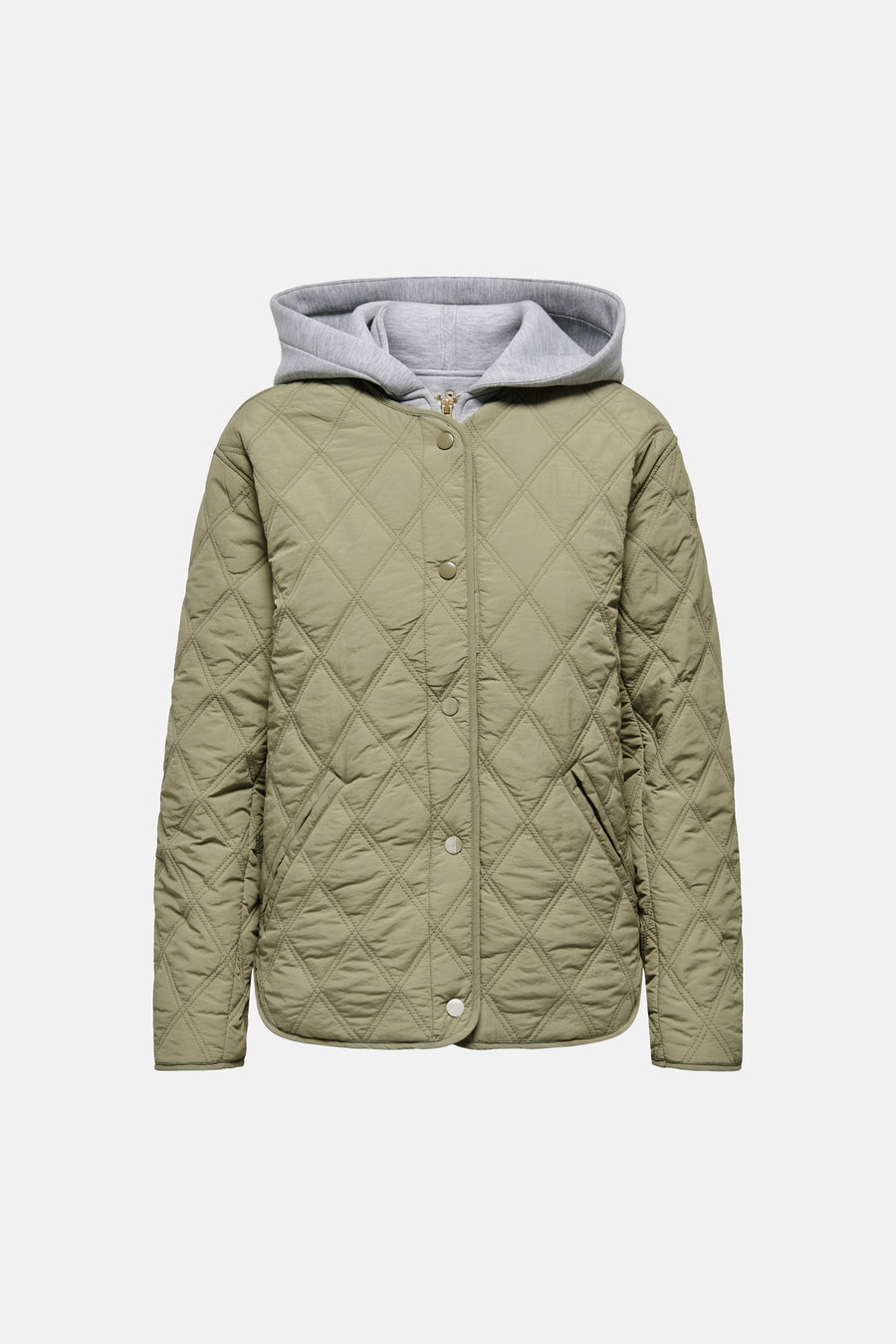 Groene korte jas van ONLY, met ruitjespatroon en een grijze capuchon.
