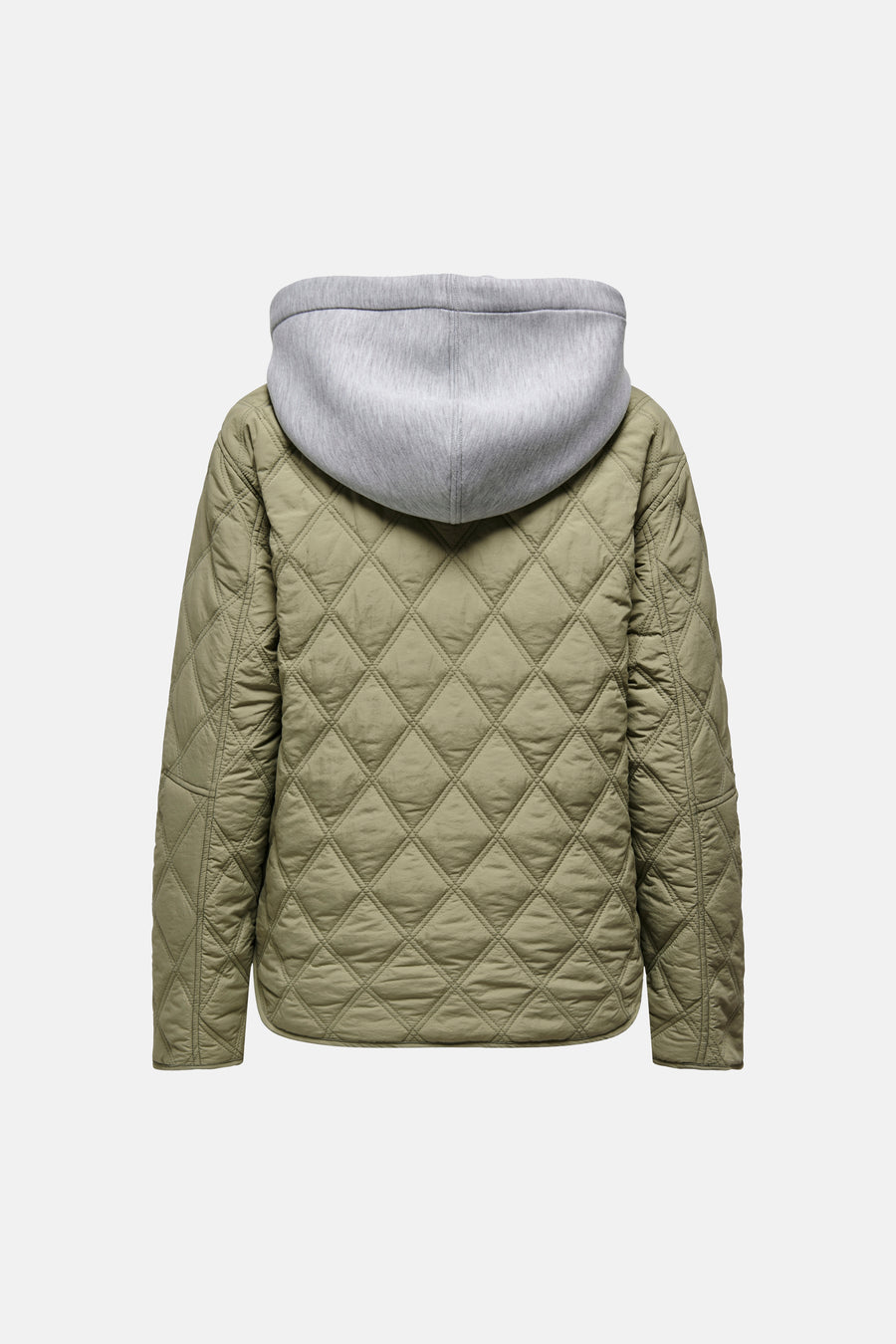 Groene jas van ONLY®, met een doorgestikt ruitpatroon en een grijze capuchon, gezien van achteren.