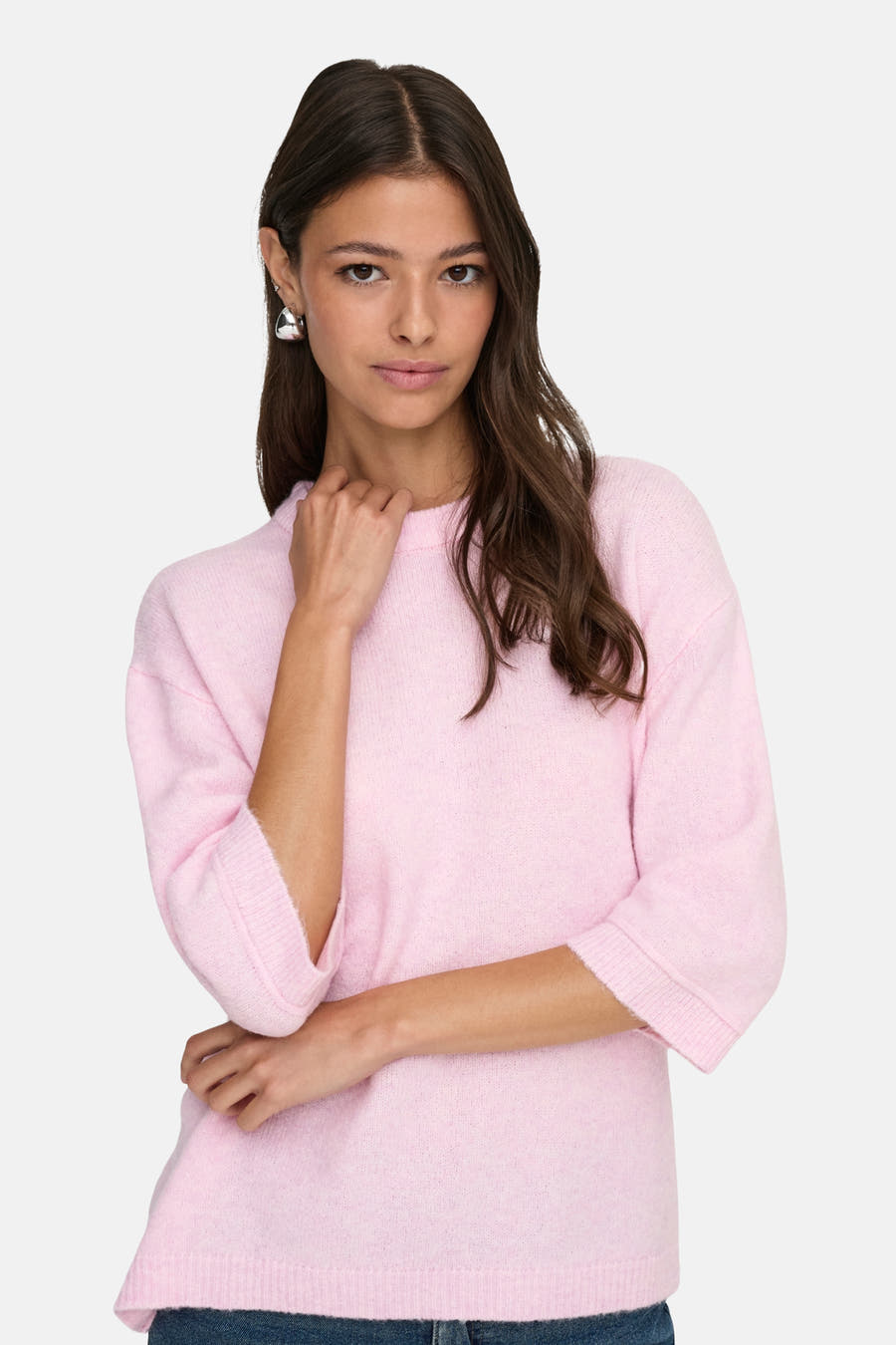 T-shirt rose avec col rond de JDY, à manches trois-quarts et motif uni.