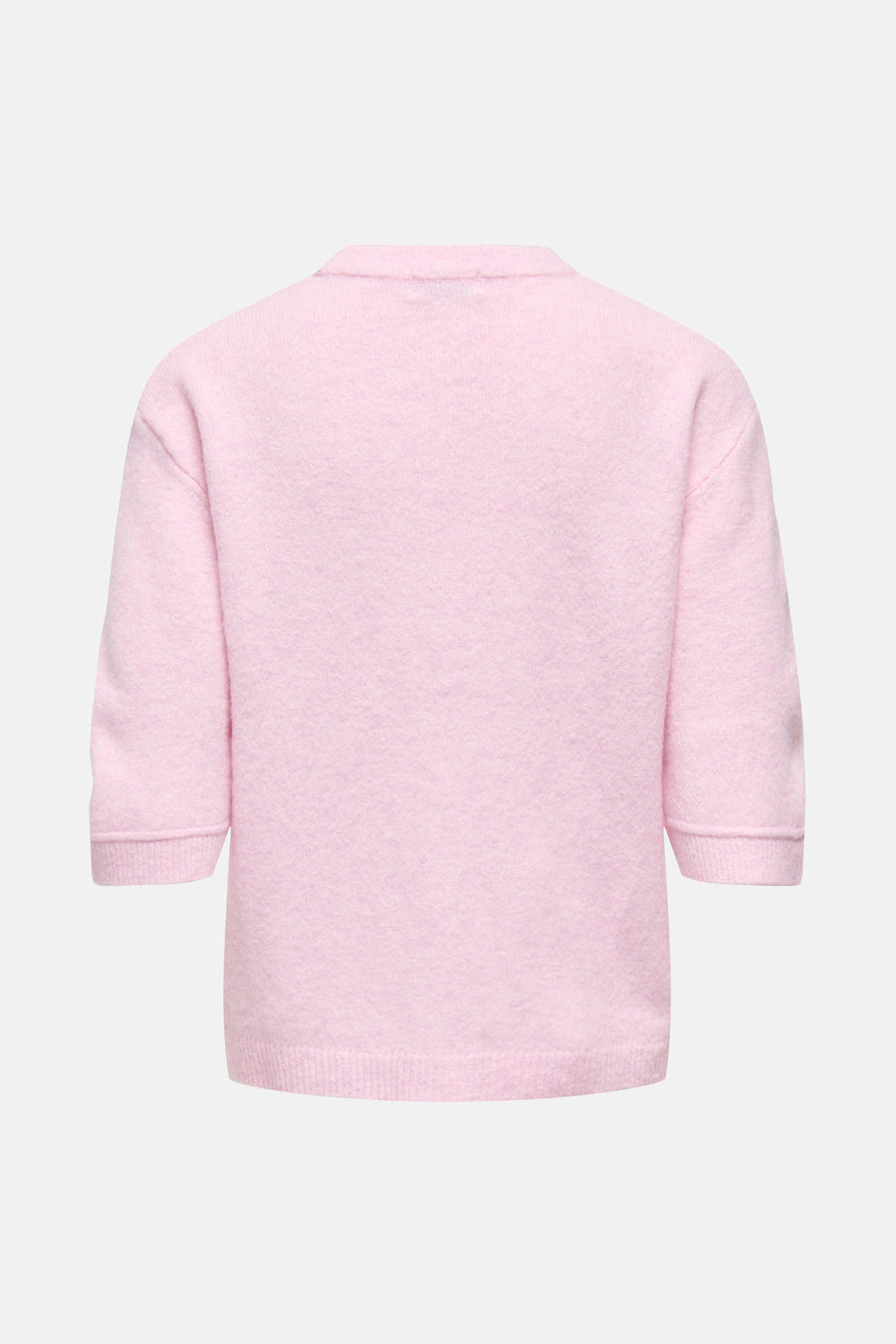 Roze wollen trui met korte mouwen.