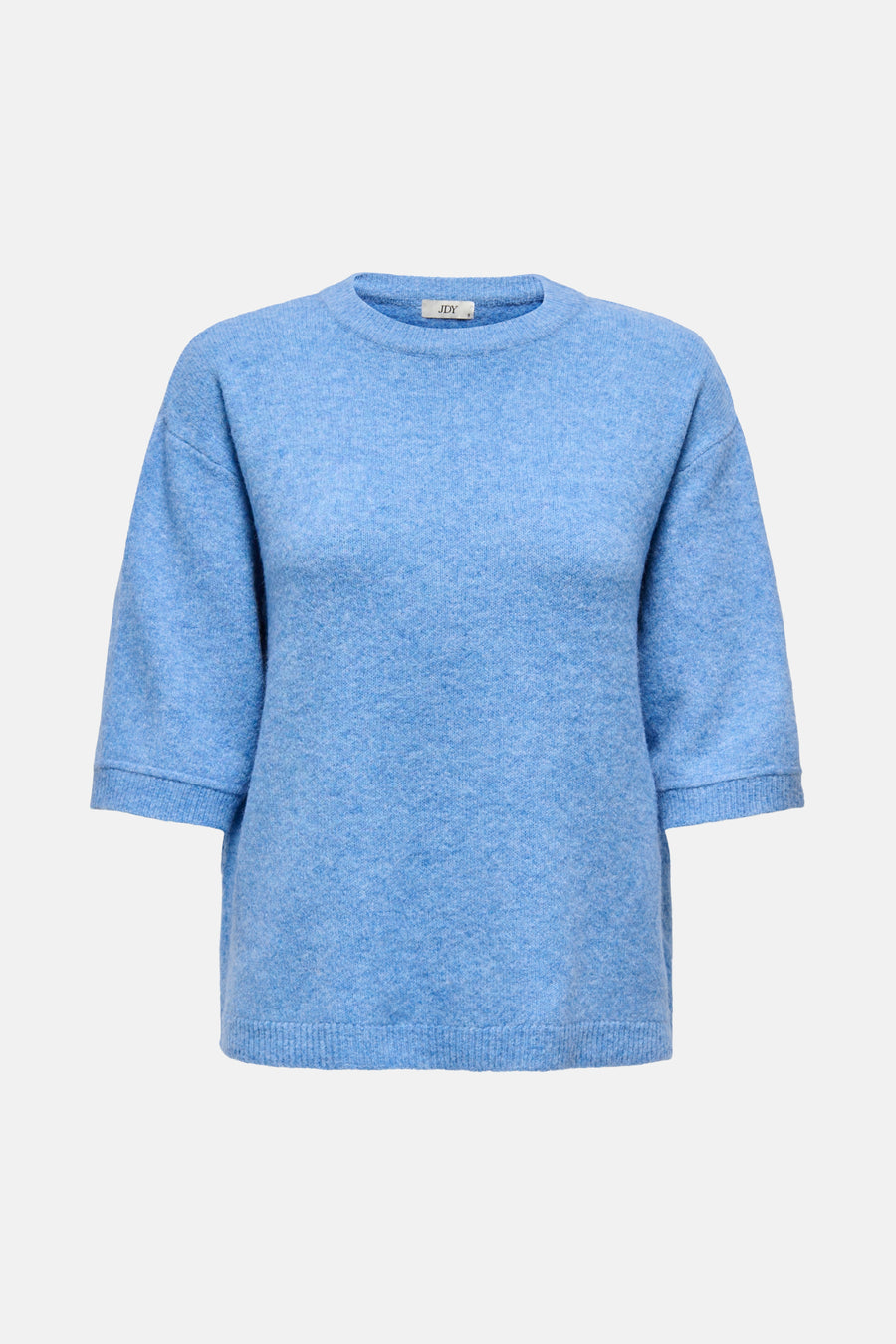 Blauw, gebreide trui met korte mouwen.