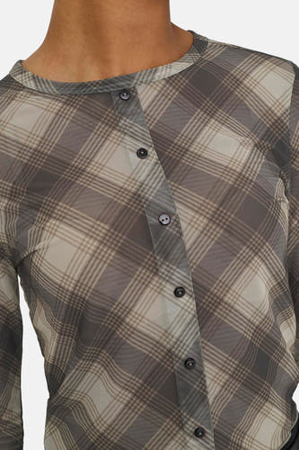 T-shirt brun, transparent, à longues manches de ONLY, doté d'un motif rayé et d'une fermeture à boutons.