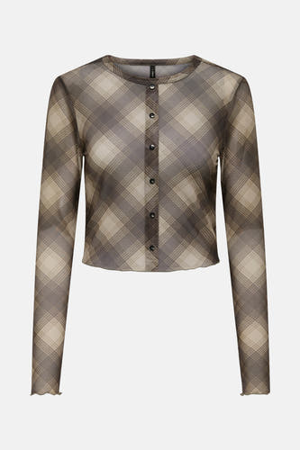 T-shirt marron à manches longues de ONLY avec un motif à carreaux et une fermeture à boutons.