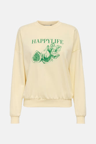 Gilet écru de ONLY, avec texte "HappyLife" vert et imprimé de vigne.