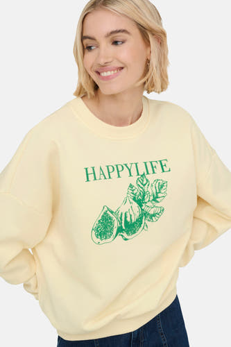 Gilet écru de ONLY avec impression "HAPPYLIFE" verte et illustration de vigne.