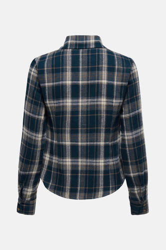 Chemise bleue à manches longues de JDY, rayée d'accentuations beige, vue de l'arrière.