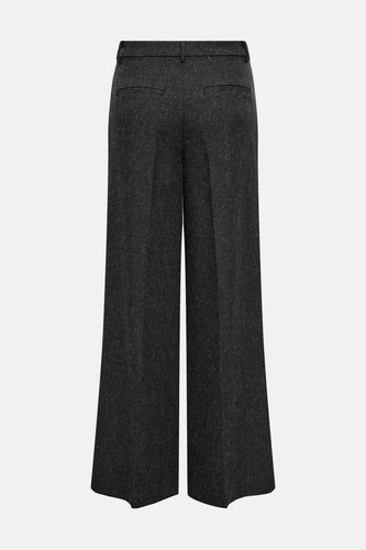 Donkergrijze, wijd uitlopende, wollen broek.