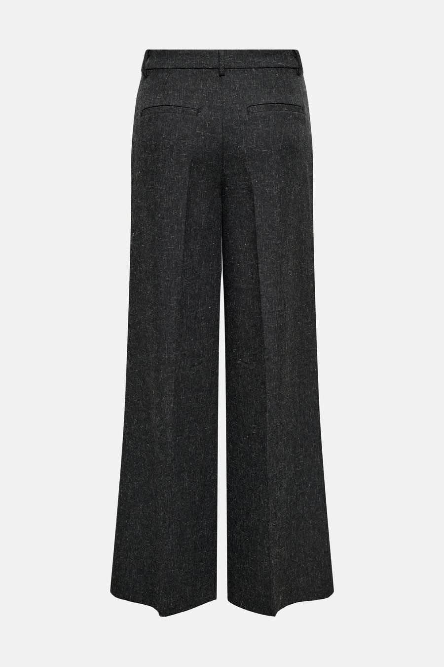 Donkergrijze, wijd uitlopende, wollen broek.
