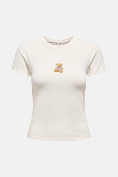 T-shirt écru à manches courtes de ONLY, avec imprimé ours en peluche sur la poitrine.