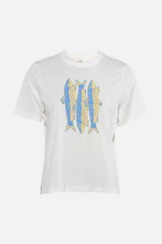 T-shirt blanc à manches courtes ONLY®, avec un imprimé graphique de poissons sur le devant.