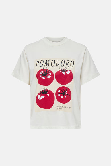 Gebroken wit T-shirt met "Pomodoro" en tomatenprint.