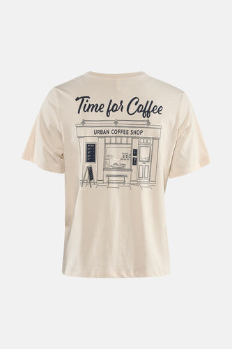 Ecru T-shirt met korte mouwen van ONLY, met een opdruk van een koffietentje op de rug.
