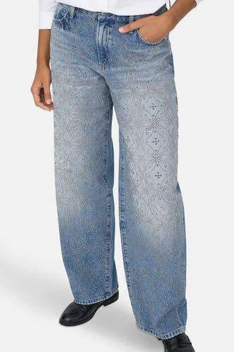 Jean droit bleu clair d'ONLY, avec un motif floral et des strass décoratifs argentés.