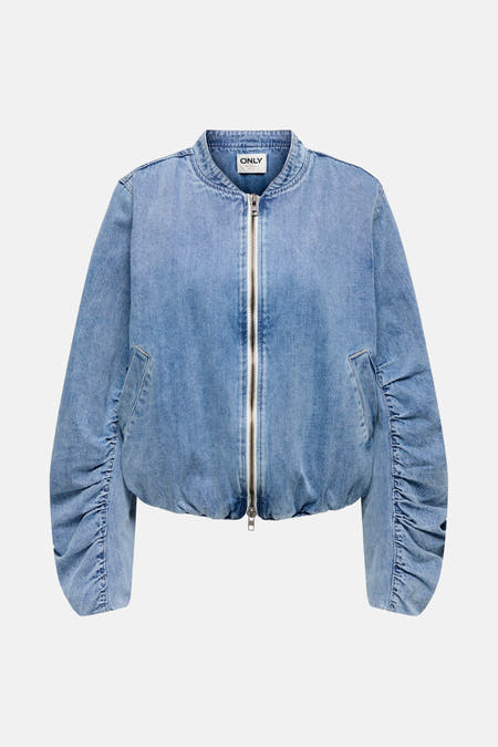 Jean en denim bleu marine de milieu, UNIQUEMENT de la marque ONLY, avec une fermeture éclair argentée et des manches froncées.