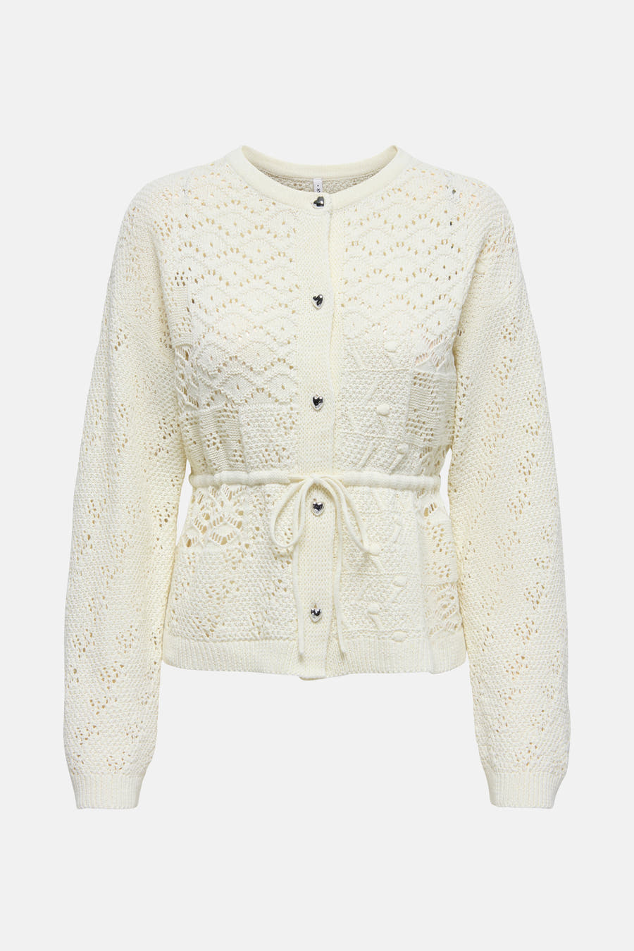 Gilet écru de ONLY, avec des boutons en forme de cœur et un motif ajouré, ainsi qu'une ceinture à la taille.