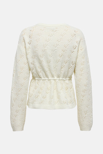 Ivoorwitte gehaakte damescardigan met trekkoord.
