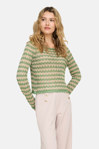 Pull vert avec col rond de ONLY, avec un motif zigzag et des manches longues, combiné avec un pantalon beige à jambes larges et des bottes marron.