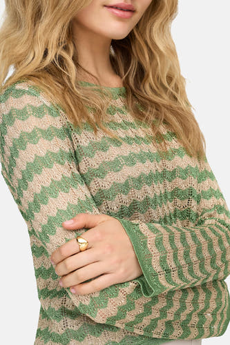 Pull vert avec col rond de ONLY, à motif zigzag et manches longues, porté avec une bague dorée.