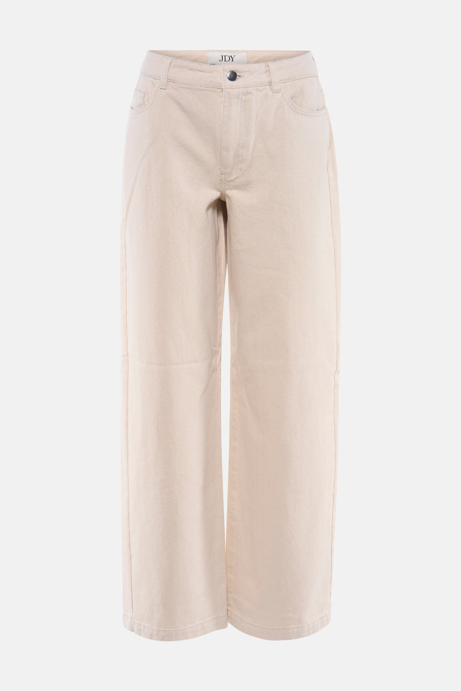 Jean de couleur beige de JDY, avec jambes larges et poches arrière, sur fond blanc.