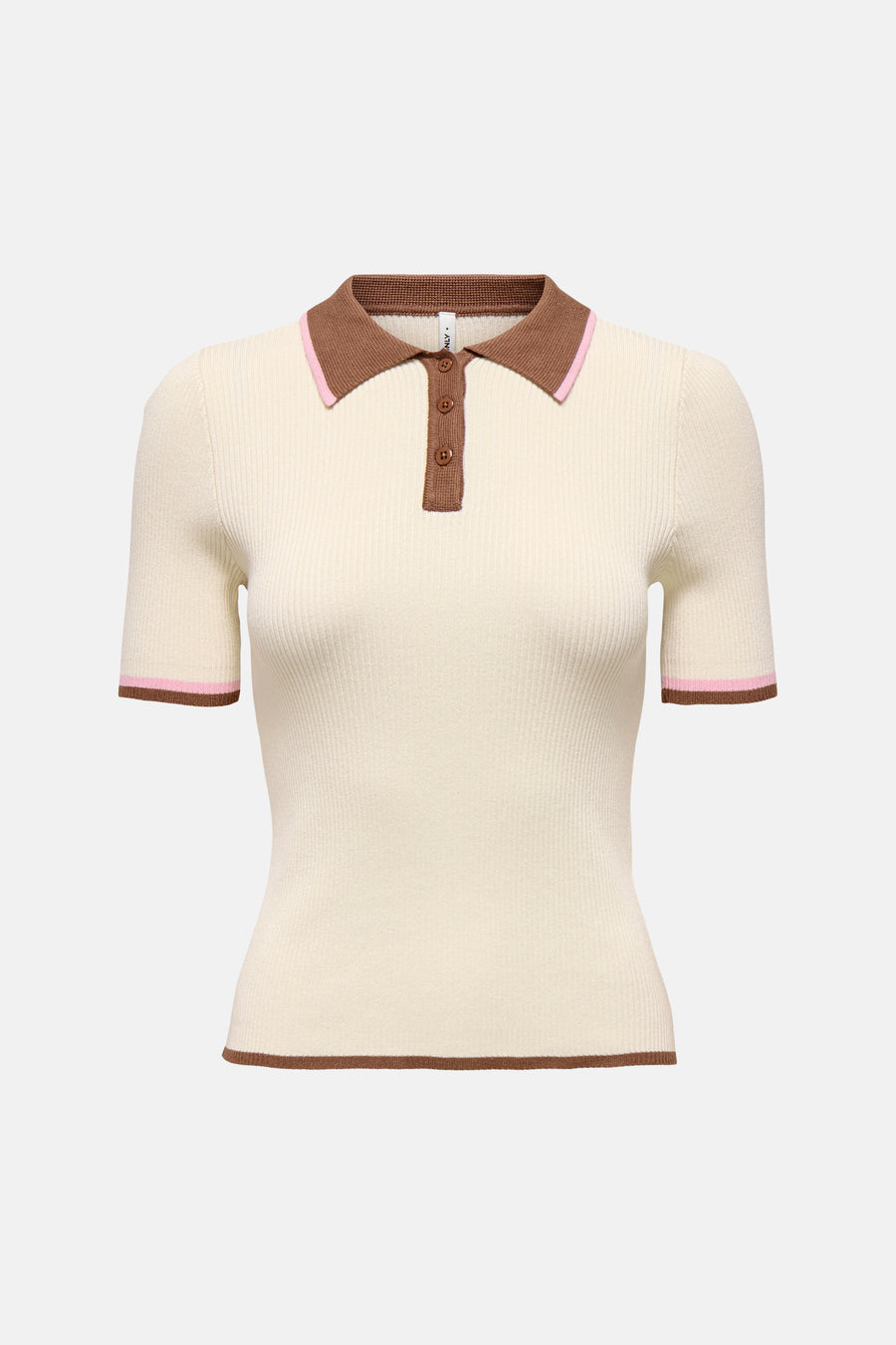 Ecru polo met korte mouwen van ONLY, afgewerkt met bruine details en een roze bies.

