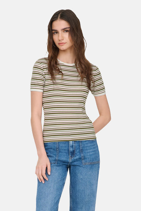 Multikleurig T-shirt met korte mouwen van JDY, met horizontale strepen en gedragen met een blauwe jeans.
