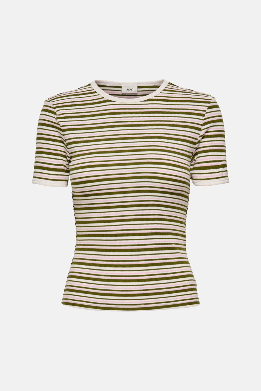 T-shirt multicolore à manches courtes de JDY, avec des rayures horizontales vertes, roses et blanches et un tissu côtelé.
