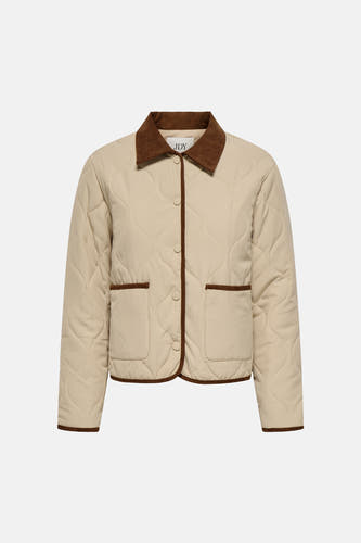Manteau court beige de JDY, avec col en velours côtelé marron et motif matelassé en losange.