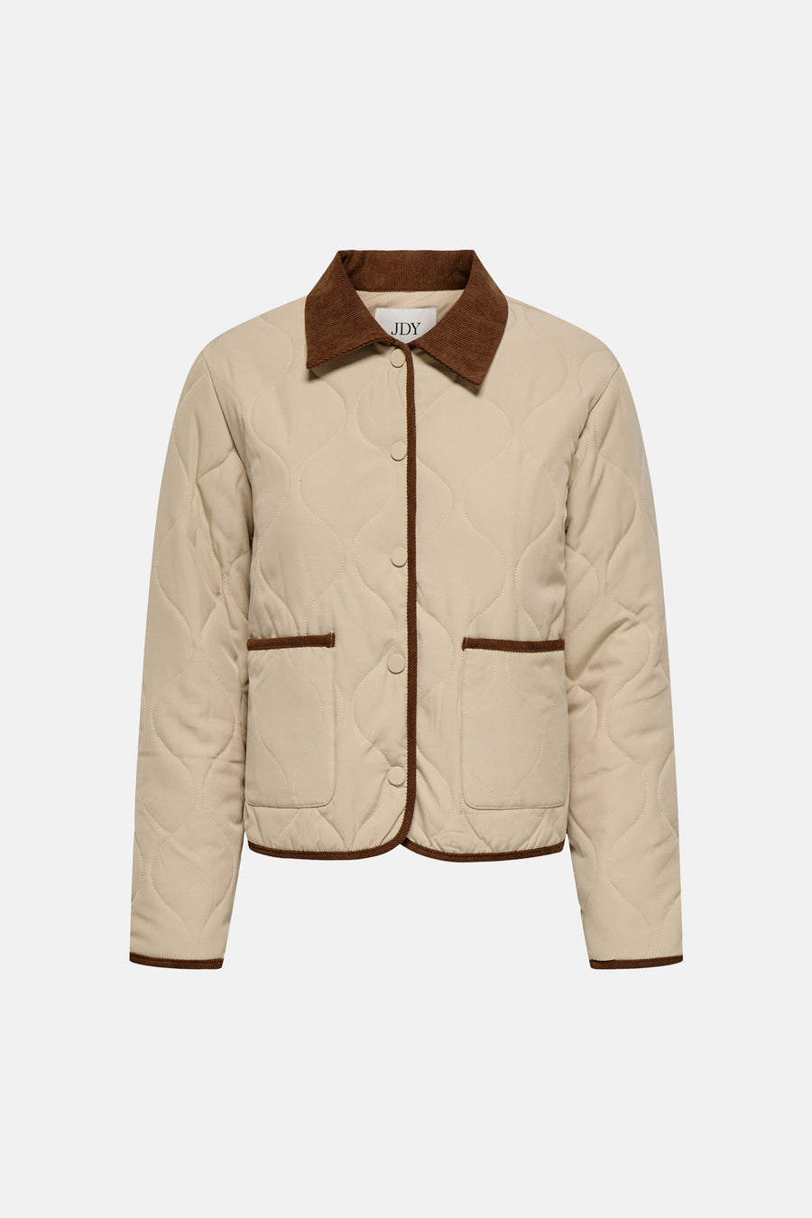 Beige korte jas van JDY, met bruine corduroy kraag en ruitvormig doorgestikt patroon.