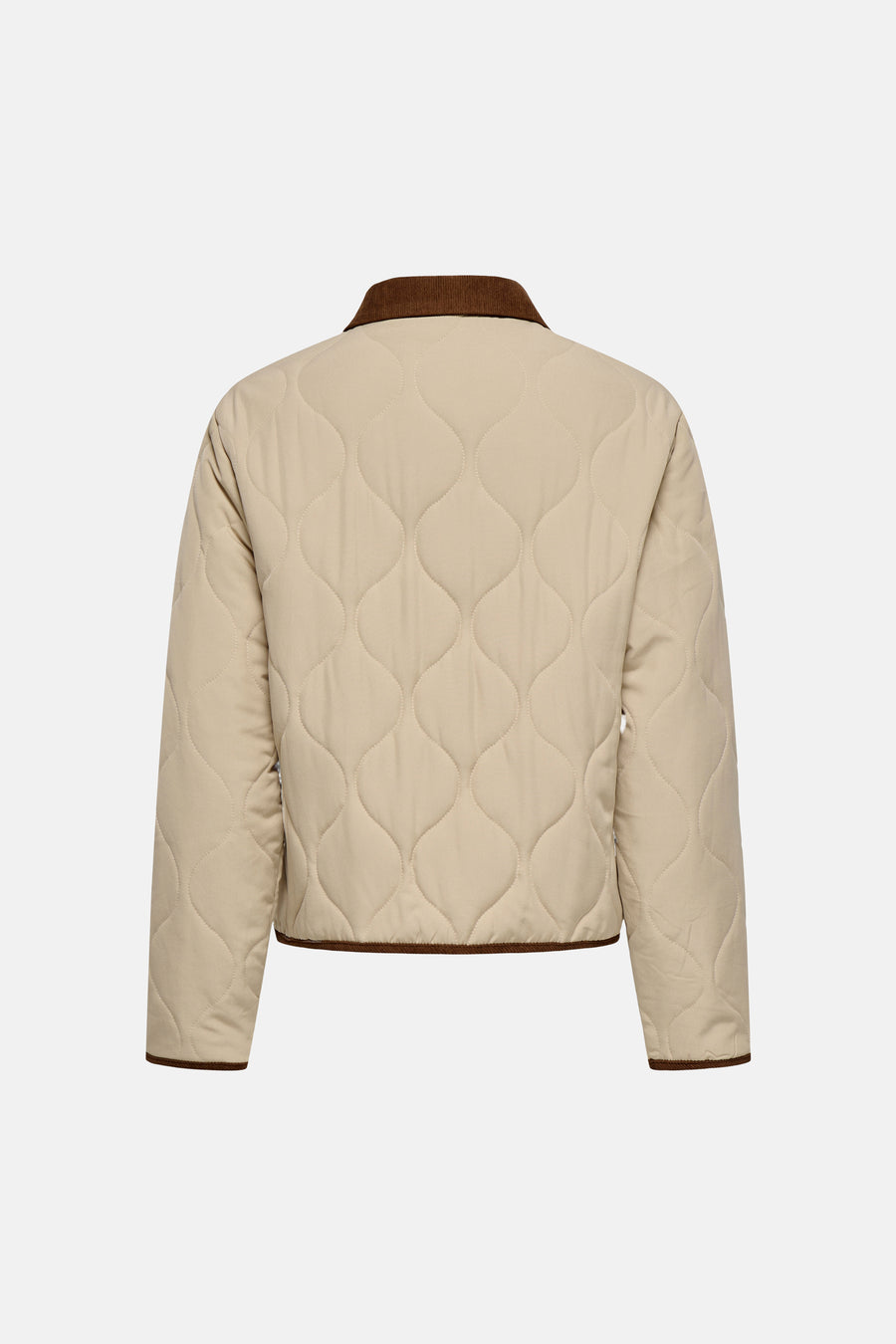 Beige korte jas van JDY, met bruine ribkraag en doorgestikte details op de achterkant.
