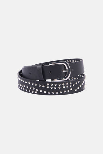 Ceinture noire ONLY, ornée de strass et d'une boucle argentée.