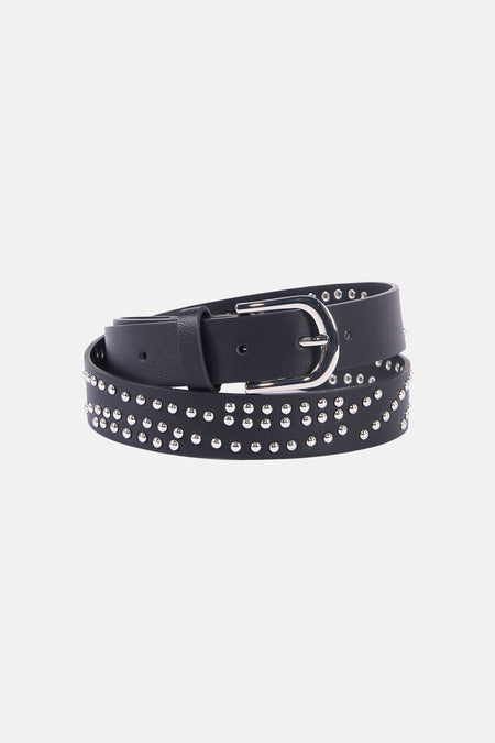 Ceinture noire ONLY, ornée de strass et d'une boucle argentée.
