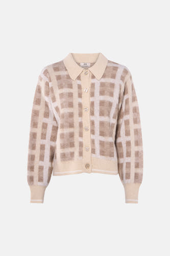 Cardigan écru de JDY, avec un motif à carreaux beige et une fermeture à boutons.