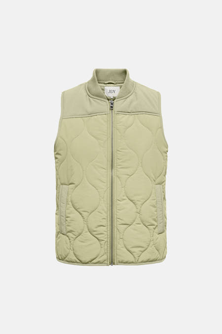 Manteau sans manches vert de JDY, avec un col brodé et une fermeture à glissière devant.