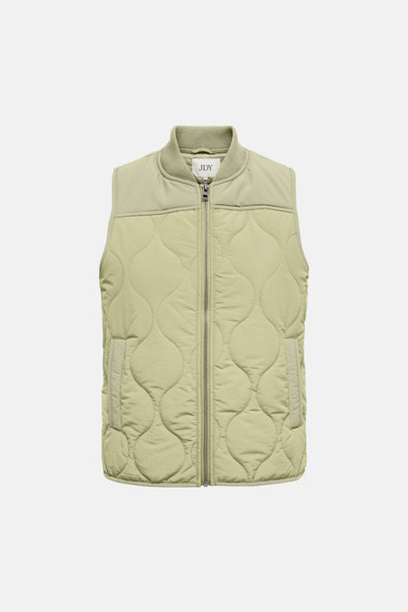 Manteau sans manches vert de JDY, avec un col brodé et une fermeture à glissière devant.