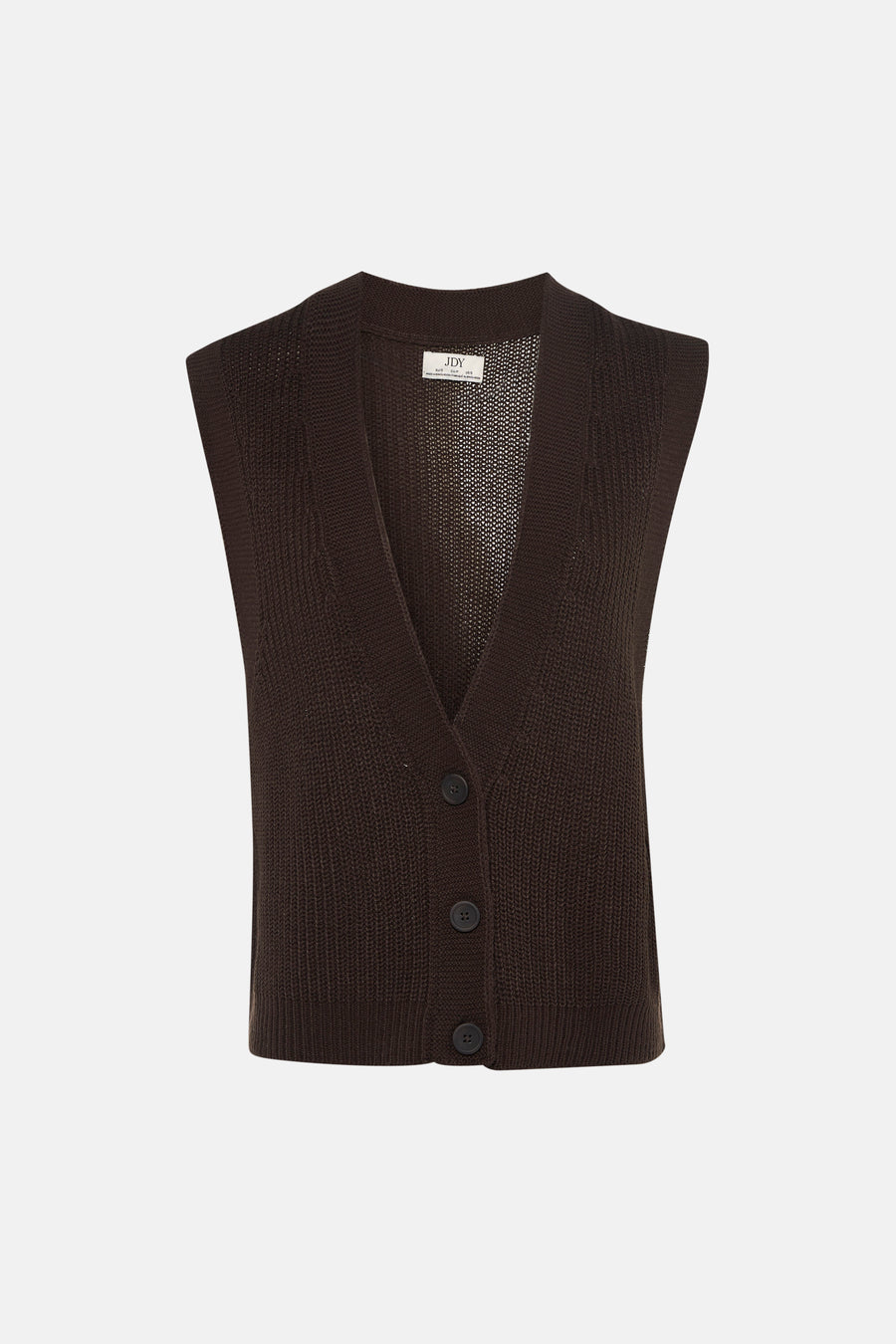 Débardeur marron de JDY, porté sur un col roulé beige et associé à un pantalon noir à jambes larges.