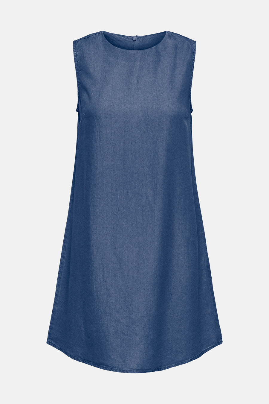 Robe en jean bleu foncé ONLY® sans manches avec col rond, fermeture éclair au dos et coupe ample.