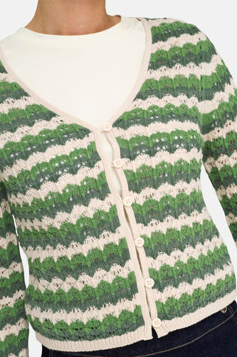 Gilet vert de ONLY®, avec un motif à rayures ajourées, une fermeture à boutons et des manches longues.