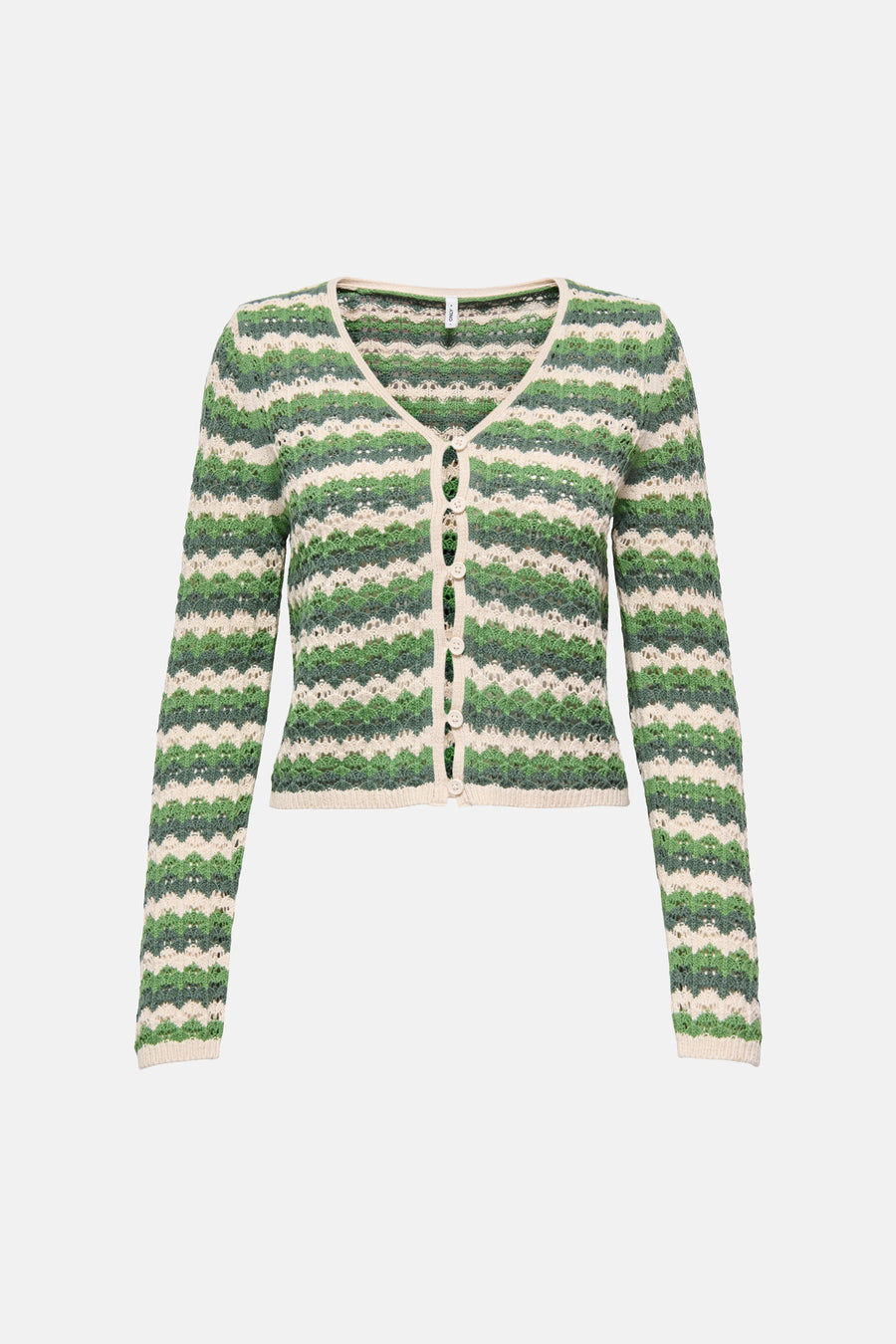 Gilet vert de ONLY, avec un motif zigzag rayé et une fermeture à boutons.