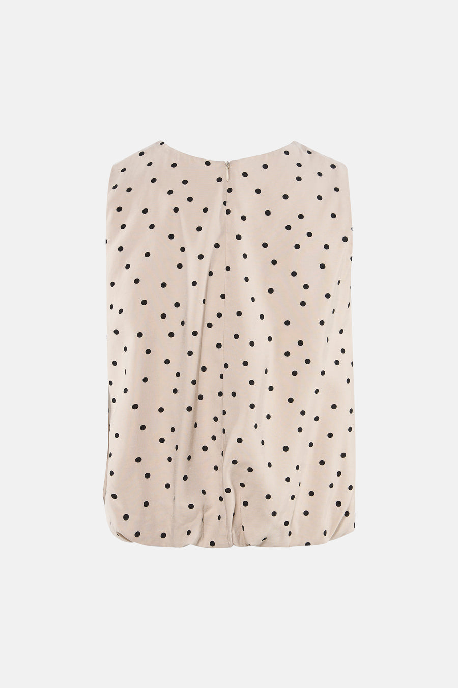Ecru top van ONLY® met zwarte stippen, achteraanzicht met ritssluiting en elastische zoom.