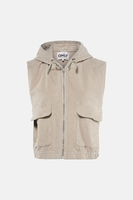 Veste écru sans manches de ONLY, avec une texture velours côtelé et une capuche à l'arrière.