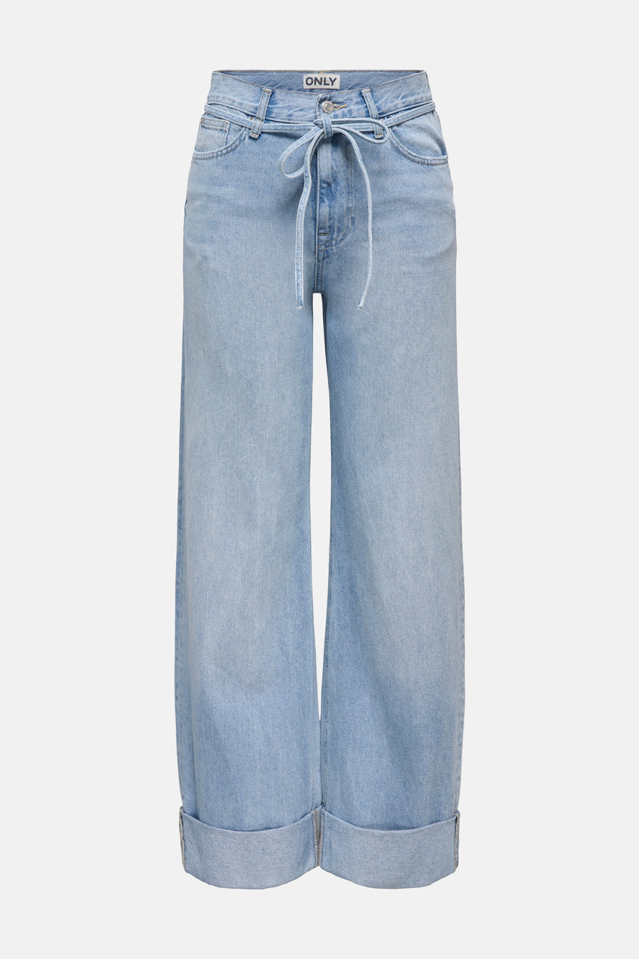 Jean wide bleu clair d'ONLY, avec ceinture élastique et jambes relevées.