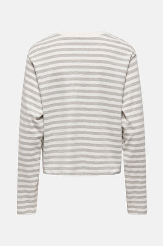 Grijs gestreept T-shirt met lange mouwen van ONLY, rugaanzicht op een lichte achtergrond.