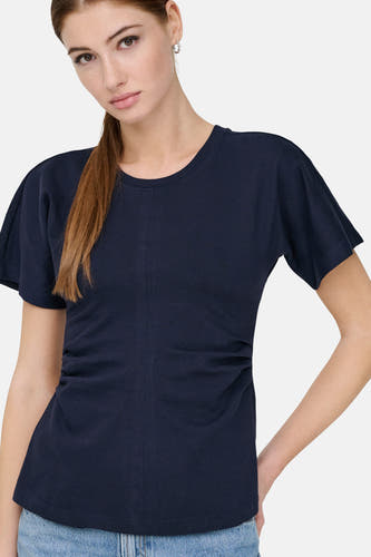T-shirt bleu à manches courtes de ONLY, avec des plis sur les côtés et une encolure simple.