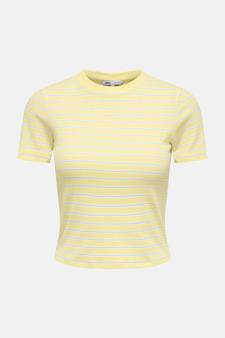 Gele gestreepte korte mouwen T-shirt van ONLY® met fijne horizontale strepen en ribbelstructuur, vooraanzicht